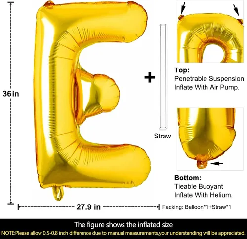 Miniatura 2 de Lovoir Globos dorados grandes de 40 pulgadas con la letra E de gran tamaño, globo de helio de aluminio de Mylar para fiestas de cumpleaños, Letra