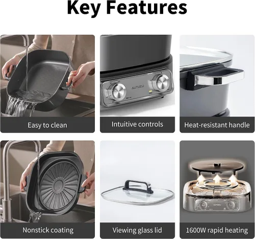 Miniatura 13 de Sartén eléctrica de 6 cuartos con parrilla Olla antiadherente con revestimiento cerámico libre de PFOA, 1600W, temporizador y 3 configuraciones