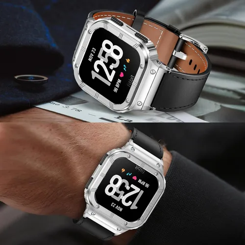 Miniatura 6 de BAITEYOU Leather Bands with Stainless Steel Case Compatible with Fitbit Versa 1 2 3 4 Lite Sense 2 1 Protective case for men Estuche negro/plateado
