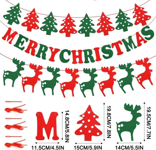 Miniatura 2 de Marbrasse Cartel de fieltro de Navidad de 3 piezas, pancarta de Feliz Navidad, rojo, verde, Papá Noel, reno, árbol de Navidad, decoración