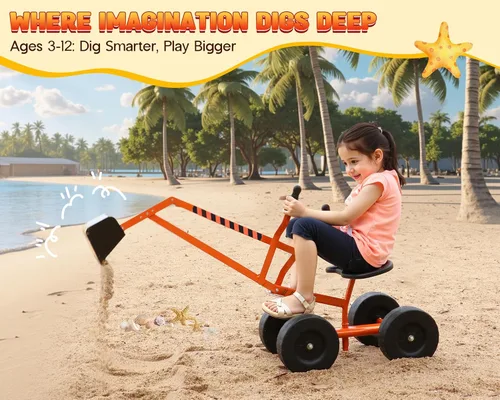 Miniatura 7 de Albott Excavadora de arena manejable con grúa de juguete que funciona con ruedas de 8 pulgadas y asiento giratorio de 360° (naranja)