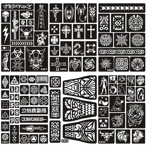 Kotbs 6 hojas de plantillas temporales de tatuaje, 100 piezas de tótem de tigre, kit de plantillas de tatuaje de henna con purpurina temporal,