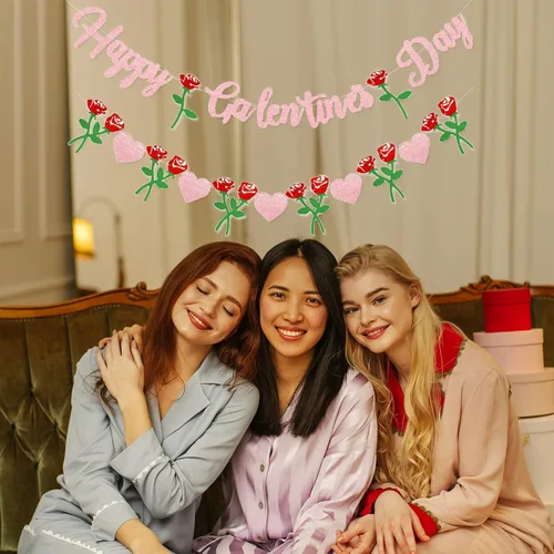 Miniatura 7 de Cartel de Feliz Día de Galentine – Decoración del Día de Galentine con purpurina rosa, pancarta de guirnalda de corazón rosa para damas, niñas