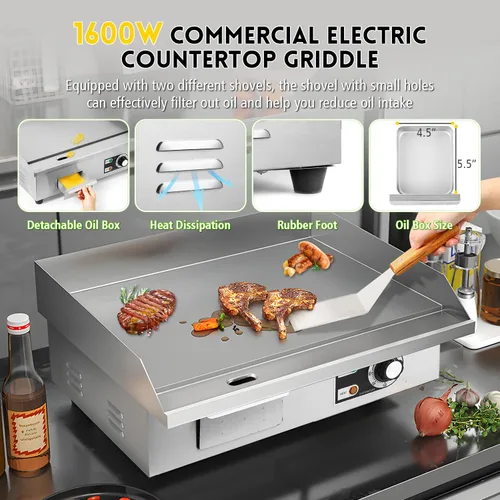 Miniatura 4 de Moogiantgo - Plancha eléctrica comercial de 22 pulgadas, 1600 W, antiadherente para encimera, acero inoxidable, caja de aceite extraíble, Plano