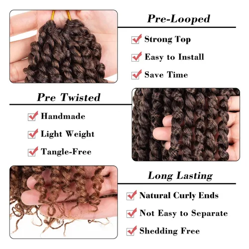 Miniatura 3 de Leeven Cabello de Ganchillo para Mujeres 16 Pulgadas Cabello de Passion Twist Pre-Retorcido 8 Paquetes Ombre Marrón Pre-Enrollado Bomb Crochet #T30