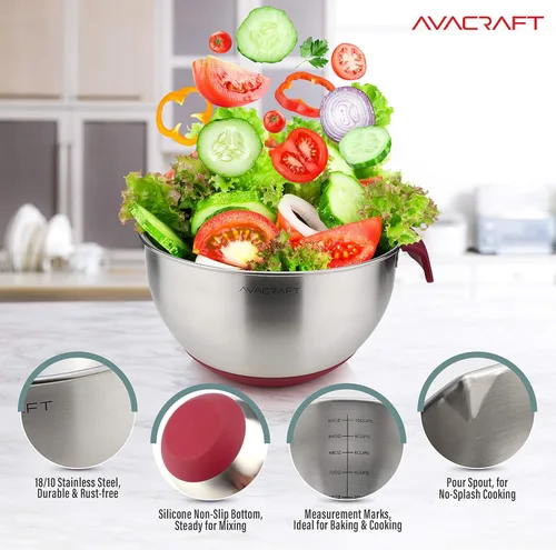 Miniatura 4 de AVACRAFT Tazones para mezclar de acero inoxidable 18/10 con tapas, tazones con base de silicona antideslizante con mango, juego de tazones para Rojo