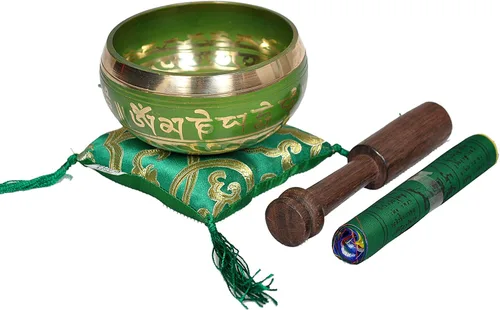 Miniatura 6 de Cuenco tibetano, de Dharma, con diseño tibetano tradicional, con bandera tibetana de oración budista, fabricado a mano en Nepal, Azul