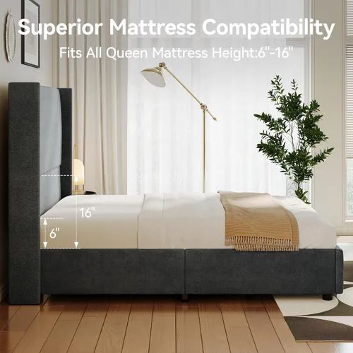 Miniatura 5 de Base de cama tamaño Queen con plataforma tapizada de tela de lino con cabecera de 55.51 pulgadas de alto con respaldo de alas y soporte de listones