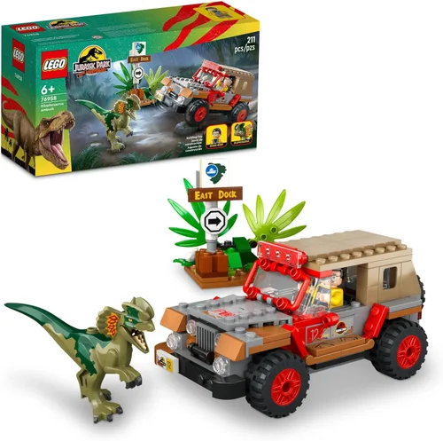 LEGO Jurassic Park Dilophosaurus Ambush 76958 Juego de juguetes de construcción para Jurassic Park 30 aniversario, juguete de dinosaurio con figura