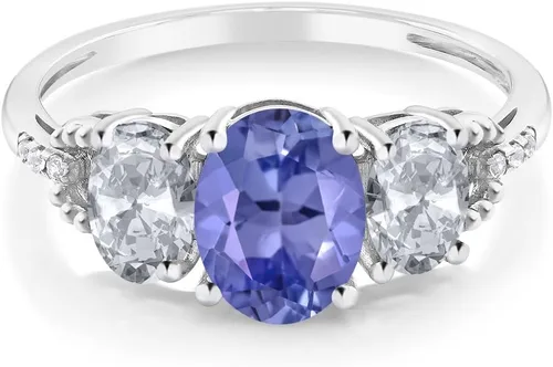 Miniatura 49 de Anillo de compromiso ovalado de oro blanco de 10 quilates con piedra natal y topacio blanco de 3 piedras con detalles de diamante Centro de 0.315