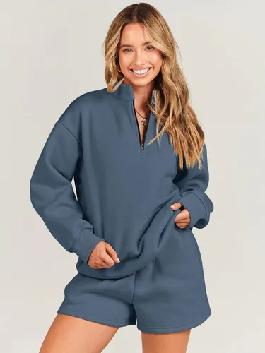 Miniatura 5 de Caracilia Conjunto deportivo de 2 piezas para mujer, sudadera de gran tamaño con media cremallera y pantalones cortos a juego para el otoño
