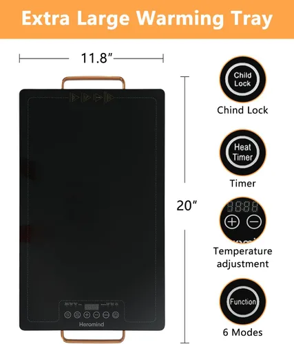 Miniatura 7 de Bandeja Calentadora Eléctrica de 20" x 12", Bandeja Calentadora de Superficie Completa con Parte Superior de Vidrio, Temperatura Ajustable