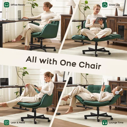 Miniatura 2 de amseatec Silla Criss Cross con Respaldo y Ruedas, Silla Ajustable Giratoria Cómoda para Tocador y Salón, Silla de Oficina para el Hogar, Estilo Verde