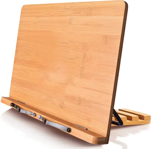 Miniatura 10 de wishacc Soporte de libros de bambú, bandeja ajustable para libros y clips de papel para páginas - Escritorio de lectura para libros de cocina