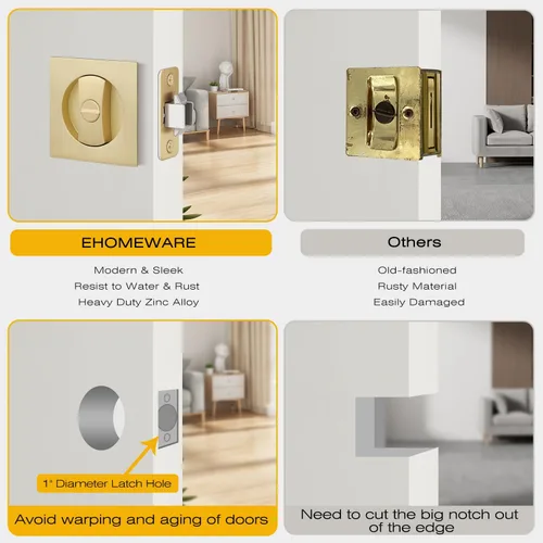 Miniatura 7 de Paquete de 6 manijas de puerta de paso para pasillo o armario, manijas interiores de latón satinado sin llaves, manijas de puerta interiores doradas
