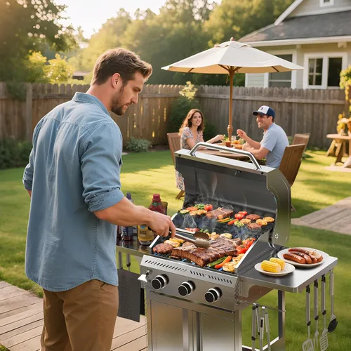 Miniatura 7 de Electactic G31 Parrilla de gas, parrilla de gas de 3 quemadores con mesas laterales plegables, parrilla BBQ de acero inoxidable de 24,000 BTU