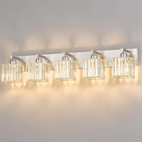 Miniatura 49 de Lámpara de tocador moderna de 2 luces de níquel cepillado, lámpara de tocador de cristal, luz de pared de baño, accesorios de iluminación de baño