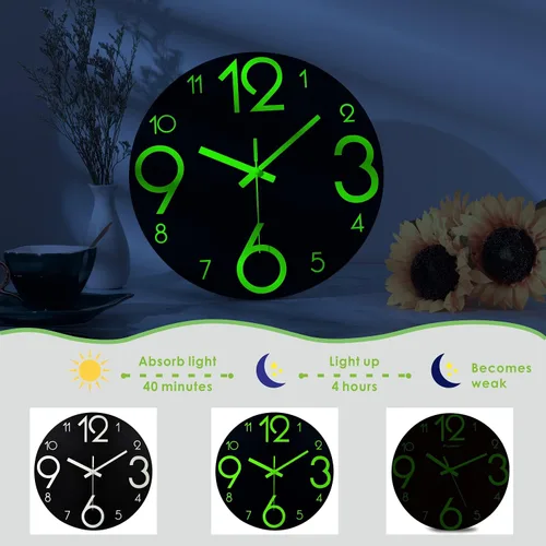Miniatura 3 de Plumeet Reloj de pared luminoso, reloj de madera silencioso de 12 pulgadas sin tictac con luz nocturna, reloj de pared decorativo grande