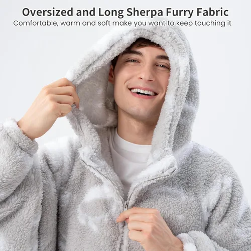 Miniatura 3 de Winthome Manta con capucha larga con cremallera para adultos, mujeres y hombres, forro polar sherpa de gran tamaño, acogedor, mullido, cálido, Gris