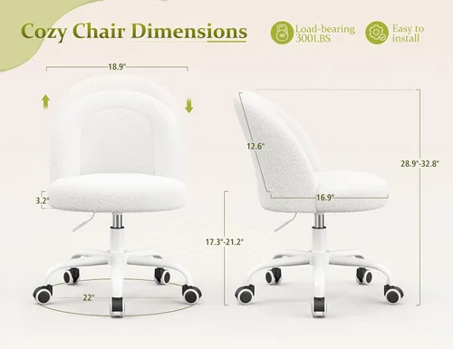 Miniatura 2 de DurayLoly Silla de tocador blanca con ruedas, bonita silla de escritorio con respaldo, silla de oficina sin brazos ajustable en altura, soporte