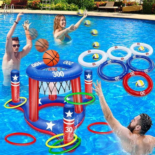 Juego de juguetes de piscina con la bandera estadounidense, aro inflable de baloncesto flotante 2 en 1 y juego de piscina inflable para lanzar