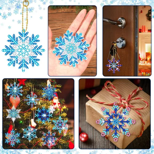 Miniatura 5 de BBTO 15 piezas de llavero de pintura de diamante de invierno con copos de nieve, adornos de pintura de diamante 5D DIY llavero de pintura
