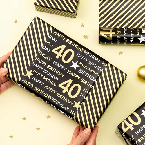 Miniatura 3 de RUSPEPA Rollo de papel de regalo reversible, mini rollo, patrón negro y dorado para cumpleaños de 40 años, ideal para cumpleaños, fiestas, baby 40