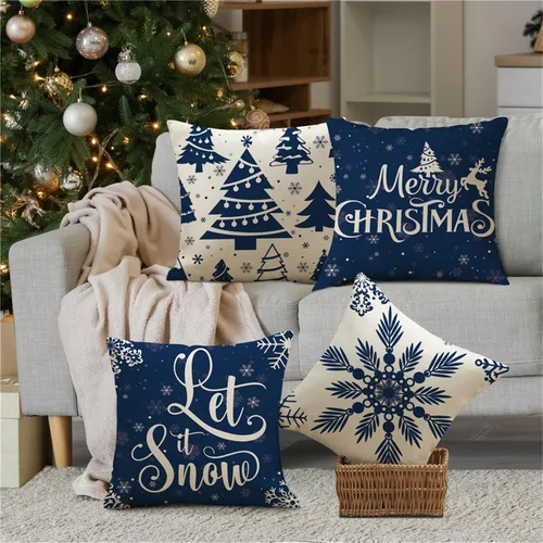 Miniatura 4 de Juego de 4 fundas de almohada de Navidad de 16 x 16 pulgadas, decoración de Navidad azul, copos de nieve, árbol de Navidad, decoración de invierno