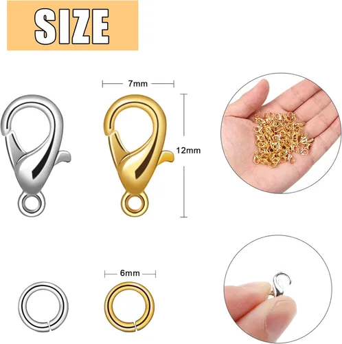 Miniatura 2 de 400 cierres de joyería con anillos de salto abiertos, cierres de pinza de langosta plateados y dorados, cierres de collar para pulseras de bricolaje