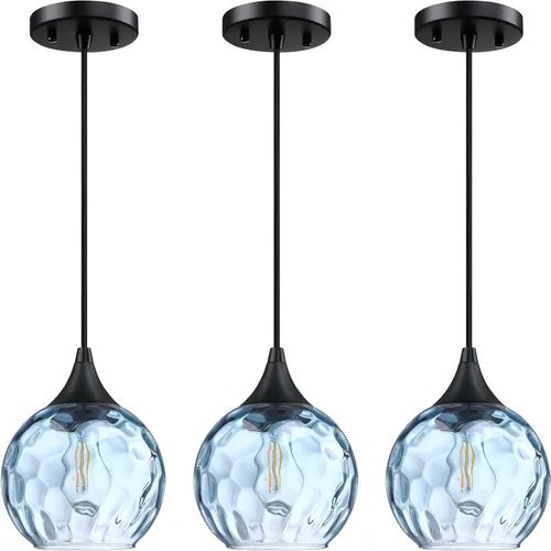 Miniatura 3 de Lámpara colgante de barra de vidrio azul con textura de 6.3 pulgadas, paquete de 3 lámparas colgantes de techo con acabado negro, moderna casa