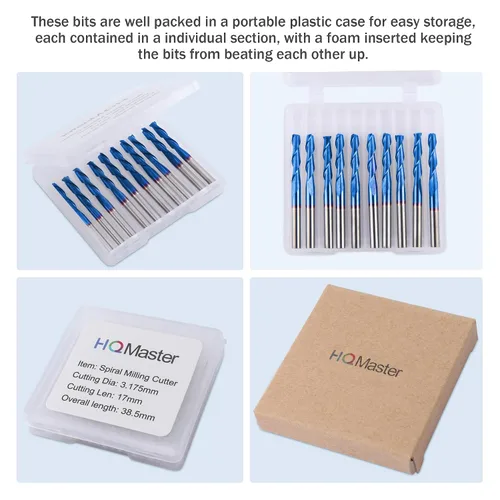 Miniatura 4 de HQMaster 10 piezas 1/8" 17 mm – Mechas de carburo de punta plana – Brocas para fresadora de CNC – Set de herramientas de doble ranura en espiral