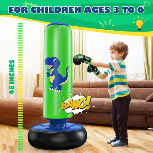 Miniatura 4 de QPAU Saco de boxeo inflable, bolsa de boxeo inflable estable de 48 pulgadas para 3-6 niños, juguete de dinosaurio y regalos para niños y niñas, Azul