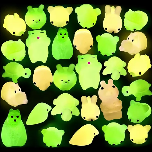 Miniatura 8 de Outee 16 piezas de juguetes Mochi Mini Mochi animales juguetes que brillan en la oscuridad, juguetes para aliviar el estrés, juguetes a granel, gato
