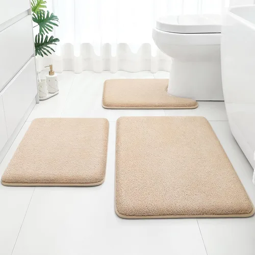 HOMEIDEAS Juego de 3 alfombras de baño mejoradas, alfombras de baño de espuma viscoelástica ultra suaves, superabsorbentes, antideslizantes, Beige