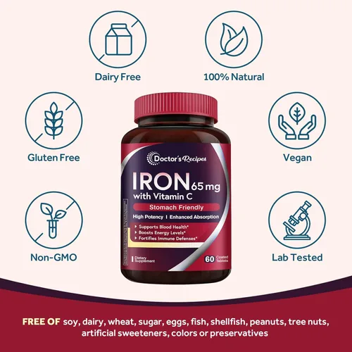 Miniatura 4 de Doctor's Recipes Suplemento de hierro de 65 mg con vitamina C – Absorción maximizada y píldoras de hierro amigables con el estómago