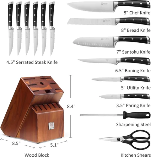 Miniatura 3 de PAUDIN Juego de bloque de cuchillos, 15 piezas, con bloque, juego de cuchillos de cocina de acero inoxidable de alto carbono con afilador, juego