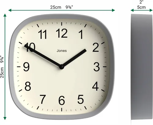 Miniatura 4 de JONES CLOCKS® Reloj de pared Sprite Reloj cuadrado redondo retro moderno 10 pulgadas Gris Números fáciles de leer Perfecto para cocina u