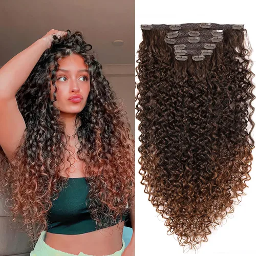 Miniatura 12 de Extensiones de cabello sintético con clip, extensiones de cabello sintético negro y rubio miel, extensiones de cabello rizado Jerry para mujeres