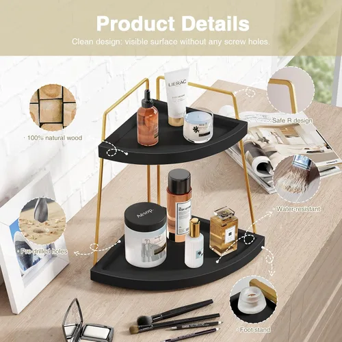 Miniatura 4 de Forbena Organizador de Rincón para Encimera de Baño en Negro y Oro, Organizador Moderno de Encimera de Cocina para Lavabo, Bandeja de Almacenamiento