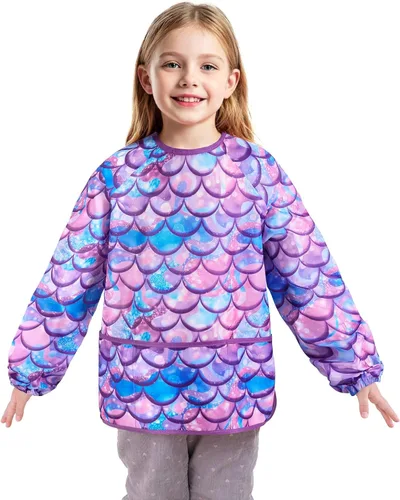 Miniatura 20 de WERNNSAI Bata de arte para niños impermeable con manga larga y 3 bolsillos de pintura Dinosaurio B001