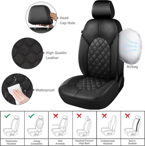 Miniatura 3 de CAROMOP Fundas de asiento de coche de cuero PU de lujo, juego delantero - Fundas de asiento impermeables y antimanchas para automóviles, fundas