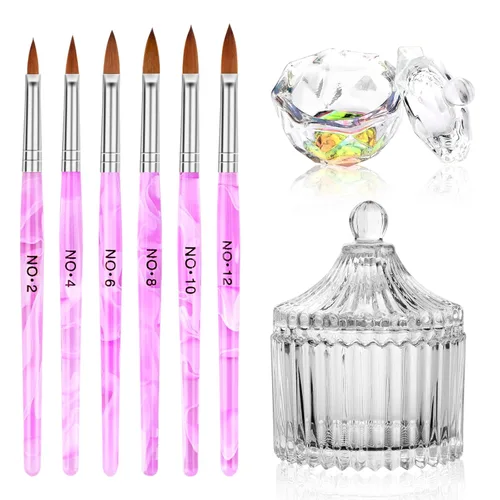Juego de 6 brochas acrílicas para uñas, juego de 6 brochas acrílicas y 2 platos de cristal con tapa para uñas acrílicas, platos monómeros, vasos de