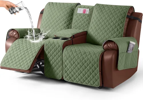 Miniatura 29 de KinCam Funda 100% Impermeable para Loveseat Reclinable con Consola, Fundas Antideslizantes para Sofá Reclinable de 2 Asientos, Funda para Sofá