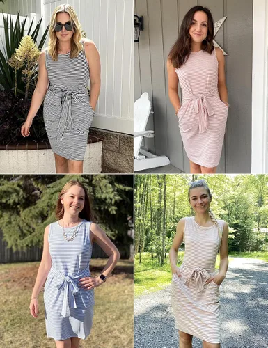 Miniatura 5 de MEROKEETY - Vestido camisero, de verano, sin mangas y a rayas para mujer, mini vestido casual, con cuello redondo y lazo en la cintura
