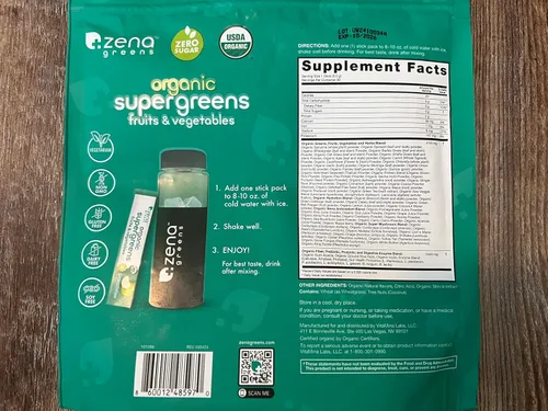 Miniatura 9 de Zena Nutrition Polvo de Superalimentos Orgánicos Verdes, Más de 70 Superalimentos, 0 Azúcar, 3g de Fibra, Espirulina, Clorella, Hongos