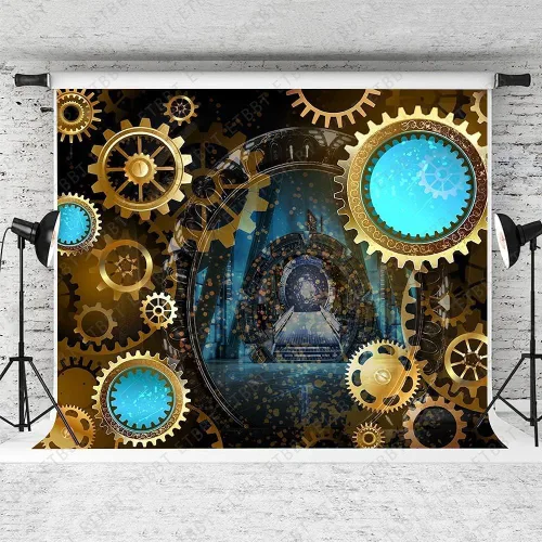 Miniatura 2 de Telón de fondo antiguo steampunk, vinilo de 5 x 3 pies, equipo industrial de fotografía de metal, cadena de nostalgia, accesorios de estudio