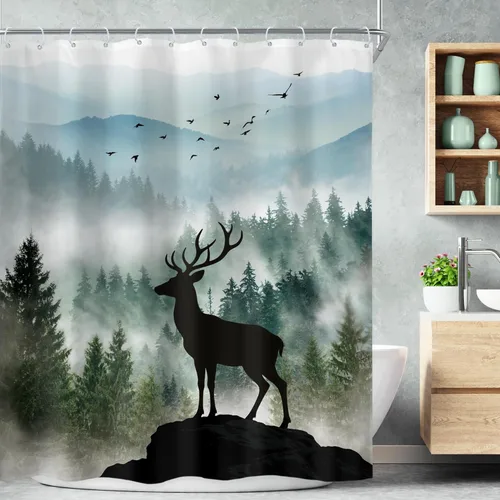 Miniatura 38 de Riyidecor - Cortina de ducha para baño pequeño de montaña, 36 pulgadas de ancho x 72 pulgadas de alto, verde, para RV, temática rústica, naturaleza