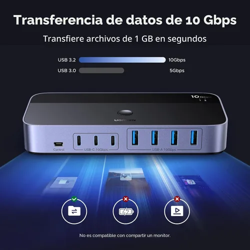 Miniatura 2 de UGREEN Interruptor USB 3.2 de 2 entradas y 7 salidas, interruptor de 10 Gbps para computadoras A o C compartiendo todos los dispositivos (4 A+3 C)