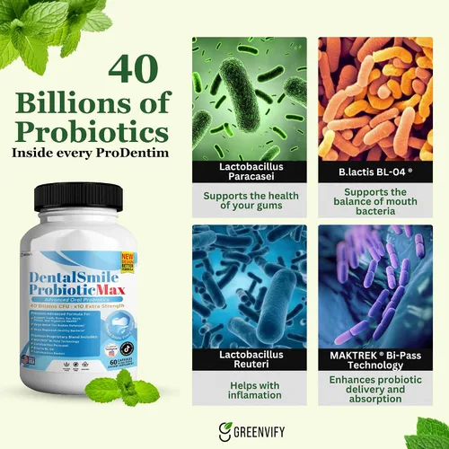 Miniatura 6 de DentalSmile ProbioticMax, suplemento probiótico oral avanzado, 40 mil millones de UFC, 60 cápsulas, sin gluten (2)