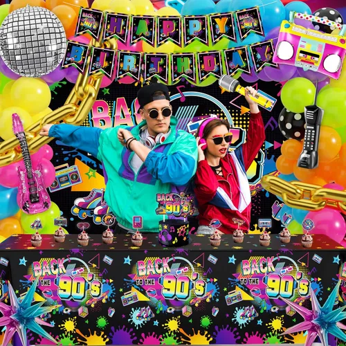Miniatura 5 de Decoraciones de fiesta de los años 90, suministros para fiesta de cumpleaños con temática de discoteca de los años 80, mantel de fondo de feliz